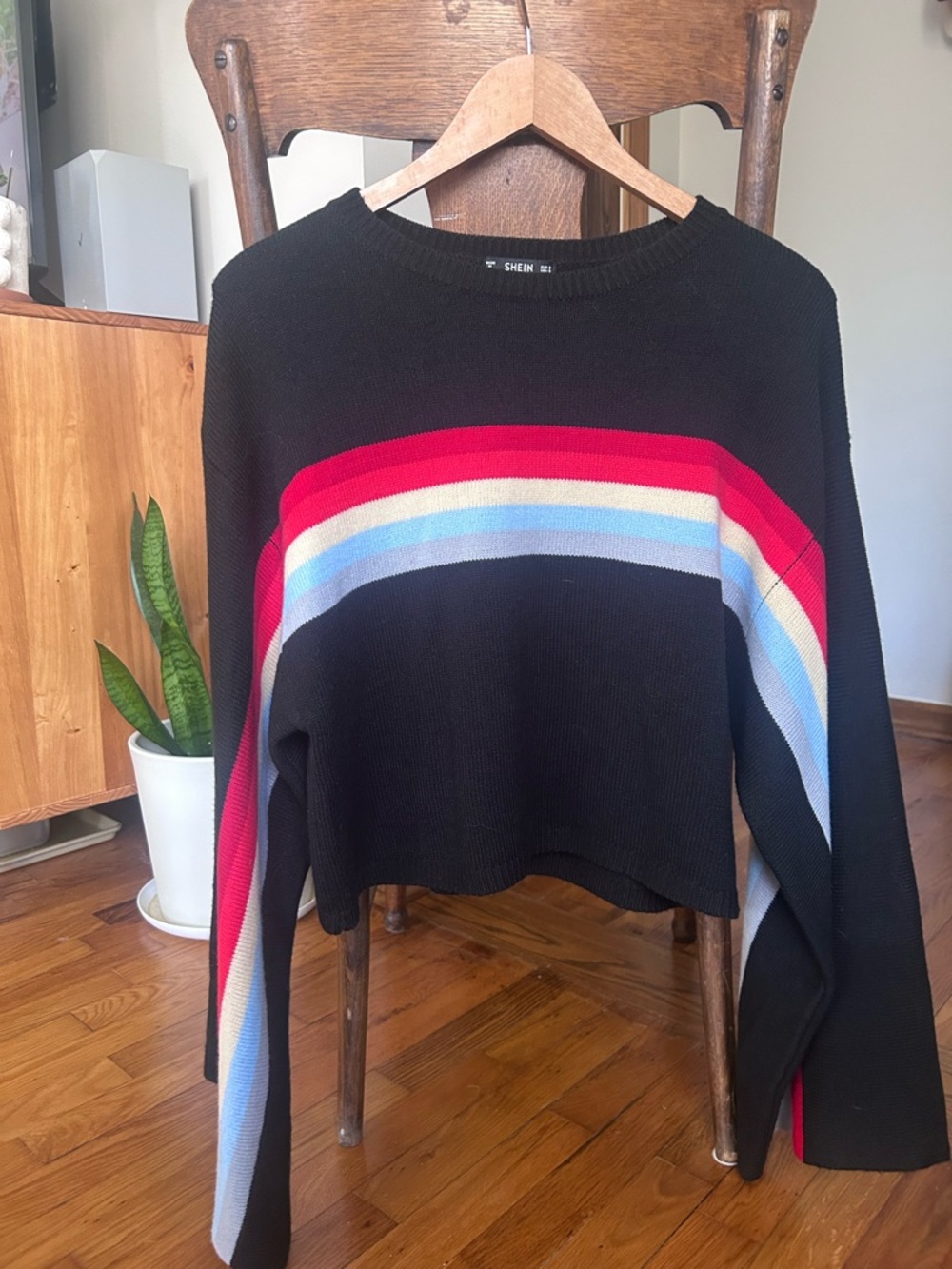 SHEIN Black Sweater with Red, Pink, Blue and Cream Stripes